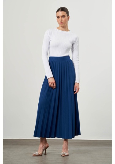 Krep Örme Piliseli İndigo Etek İndigo