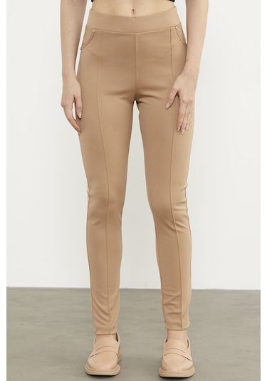 Önden Dikiş Detaylı Tayt - Bej 001