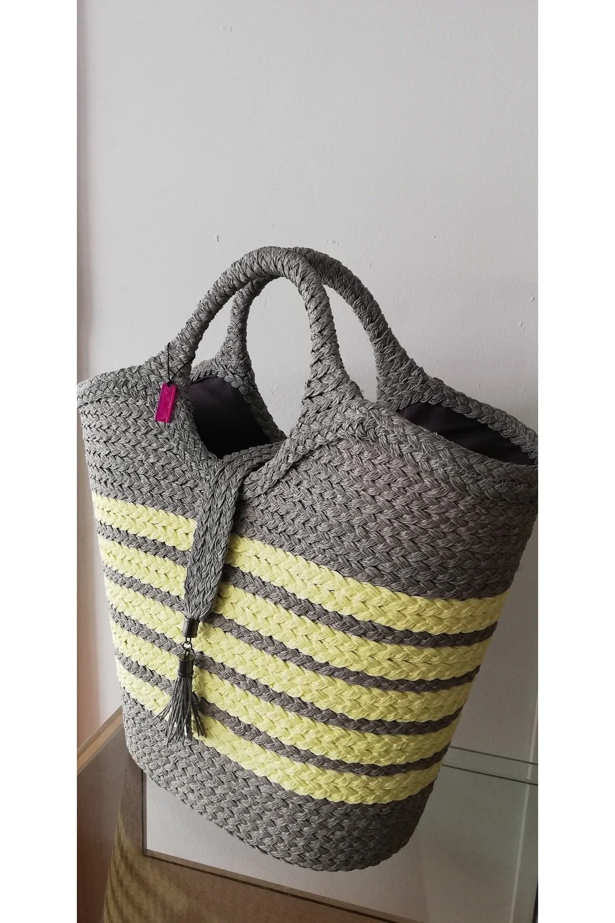 Durush Collection El İşçiliği Tek Üretim Plaj Çantası Gri-sarı