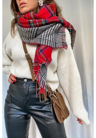 Çift Taraflı Yumuşak Dokulu Kırmızı Şal Atkı Kırmızı