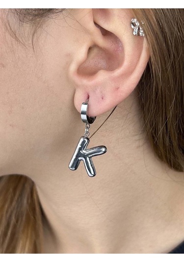 K Harfi, Balon Formlu, Paslanmaz Çelik Küpe 296, Gümüş Renk Gümüş