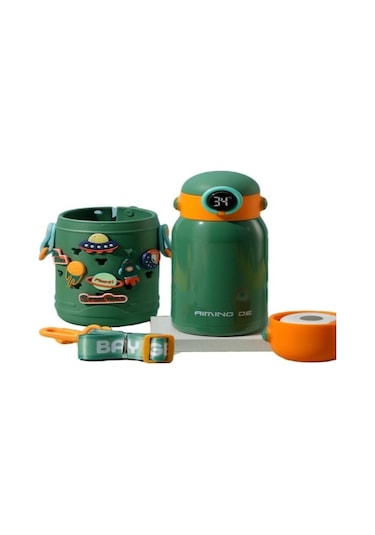 Hangfox 304 Çelik Çocuk Termos Bardak 500ml 3 Kapağı 6 Saat Isı Saklama Anti-düşme Kılıflı Renkli Yeşil