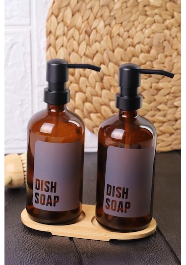 2'li Amber Cam Sıvı Sabunluk Seti Standlı Gri Etiketli