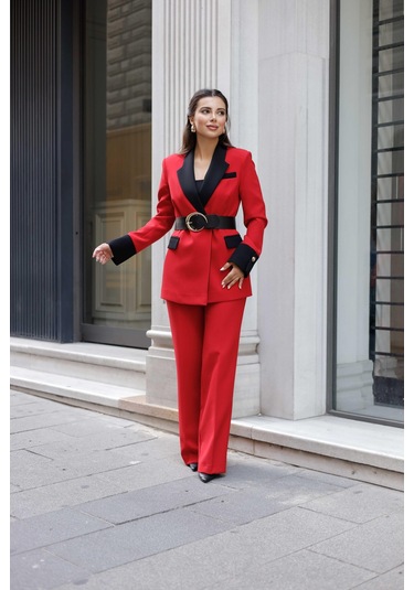 Gold Kemerli Garnili Kruvaze Takım Kırmızı Kırmızı