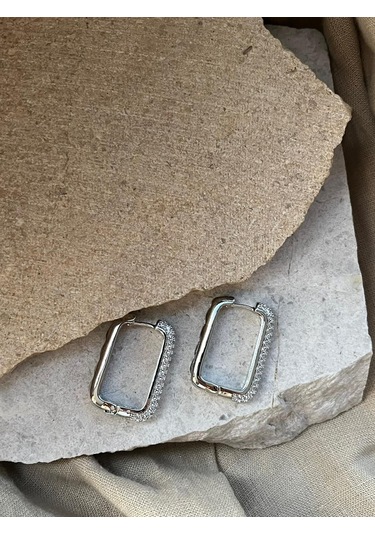 Gümüş Renkli Taşlı Dikdörtgen Küpe