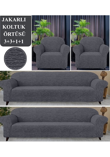 Upmall Jakarlı Koltuk Kanepe Kılıfı Çekyat Örtüsü 3+3+1+1 Antrasit