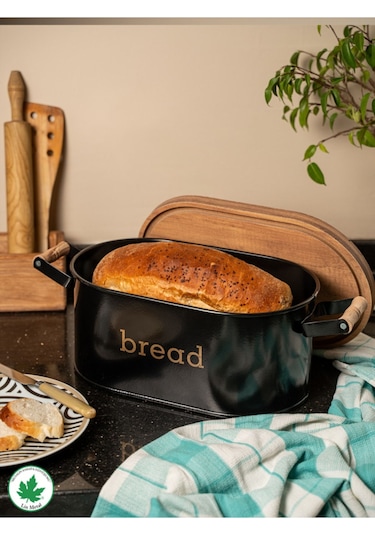 Ahşap Kapaklı Ahşap Kulplu Metal Ekmeklik Bread Baskılı - Siyah Siyah