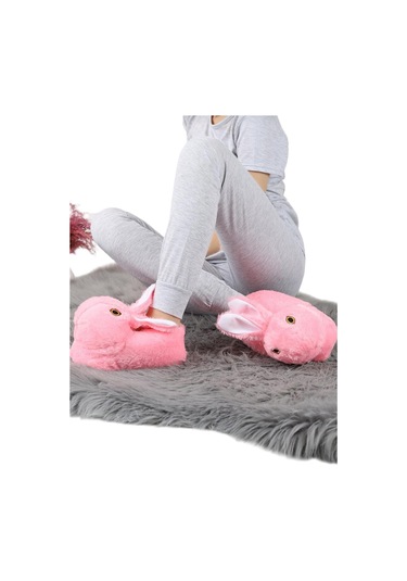 Peluş Tavşan Figürlü Kaymaz Ve Ses Yapmaz Ev Panduf Pembe-pembe Pembe