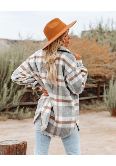 Sones Yaka Uzun Kollu Flanel Kareli Gömlek Bol Günlük Hırka Ceket Bayanlar İçin Açık Gri