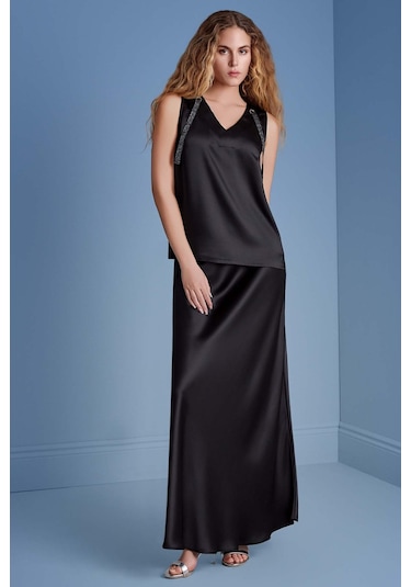 Evaze Siyah Saten Etek Siyah