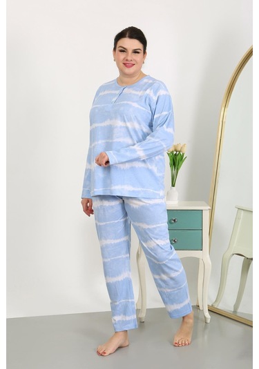Akbeniz Kadın Büyük Beden Uzun Kol Penye Pijama Takımı Mavi 202502 Mavi