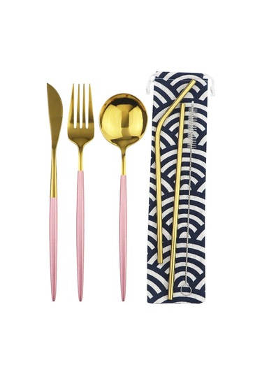 Pembe Altın Seyahat Yemek Takımı Paslanmaz Çelik Taşınabilir Çatal Bıçak Kaşık Çatal Saman Kumaş Paketi Yemek Takımı Piknik Için Pembe & Altın