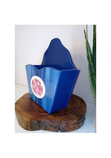 El Boyaması Ahşap Kapı Önü Ekmek Sepeti Mavi