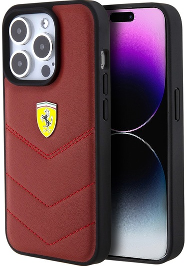 İphone Uyumlu 15 Pro Kılıf Ferrari Lisanslı Deri Dikişli Arka Yüzey Metal Logo Tasarımlı Kırmızı