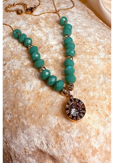 Turkuaz Boncuk Zirkon Tek Taşlı Gold Renk Paslanmaz Çelik Kadın Zincir Kolye