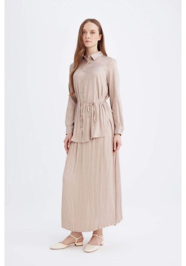 DeFacto A Kesim Basic Düz Saten Maxi Etek D2139AX24WNBG705 Bej