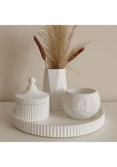 Minimalist Vazo & Kapaklı Kutu & Kabartmalı Tepsili 4 Lü Dekoratif Organizer Set