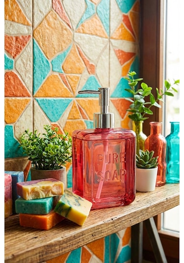 Makri Home Renkli Cam Sıvı Sabunluk, 500 Ml, Pembe Pembe