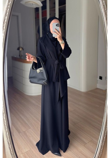 Ka Hijab Kuşak Detaylı Vatkalı Üçlü Takım - Siyah