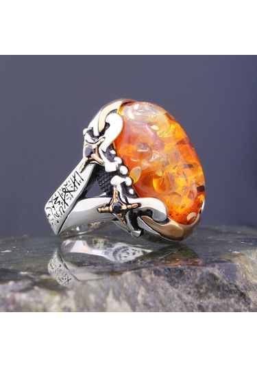 Gümüş Baltık Kehribar Taşlı Kelime-I Tevhid Işlemeli Kılıç Model