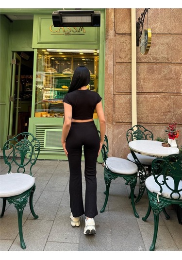 Siyah Polyamid Elastan Crop İki İplik Takım Siyah