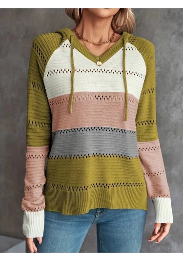 Kadın Uzun Kollu V Yakalı Bağcıklı Kapşonlu Triko Bluz Pembe