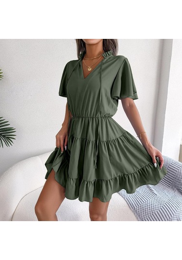 Gmxıa Kadın Modası Düz Renk Baskılı Yaz Bahar Kısa Kollu V Yaka Bol Günlük Elbiseler Koyu Yeşil Gmxıa Kadın Modası Düz Renk Baskılı Yaz Bahar Kısa Kollu V Yaka Bol Günlük Elbiseler Koyu Yeşil