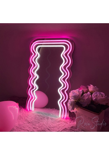 90 Cm Ledli Desenli Dekoratif Duvar Boy Aynası Şeffaf