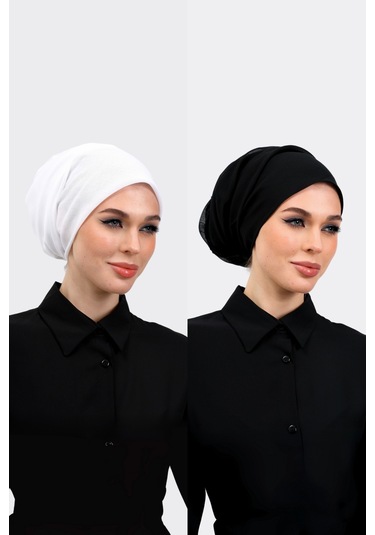 2 Adet İç Başörtüsü %100 Pamuklu Siyah Beyaz Tülbent - Kenarları Oyalı 90x90 Kadın Tesettür Siyah - Beyaz