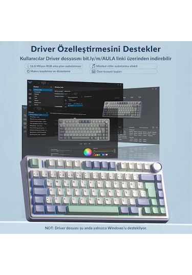 Aula F75 Mekanik Rgb Tkl Graywood V4 Switch Kablosuz Makrolu Hot Swap Türkçe Q Klavye Pastel