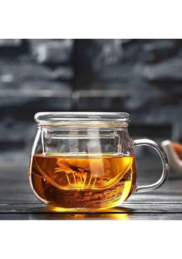 Neevoyu Çay Demleme Fincanı, 300 Ml, Cam, Çıkarılabilir Filtre, Kapağıyla, Ev Ve Ofis Kullanıma Uygun Şeffaf