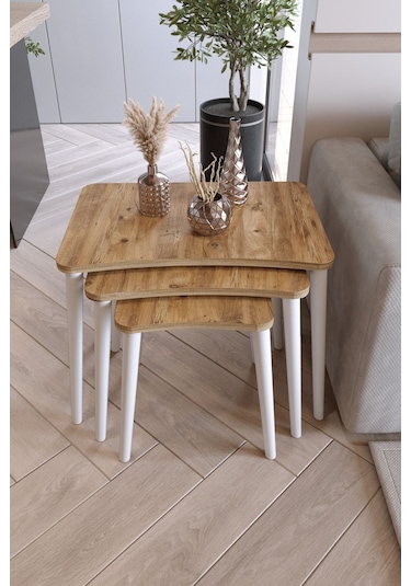 Zuesse Dizayn Beyza 3lü Zigon & Yan Sehpa Beyaz Ahşap Ayaklı Salon Seti Çay Sehpası - Çamçam