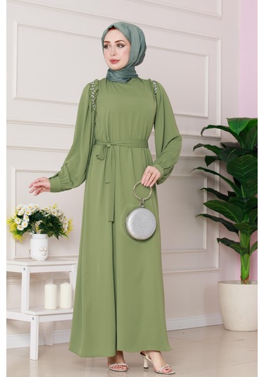 Omuzu Taş Detaylı Rose Elbise-fıstık Yeşili-4779 Fıstık Yeşili