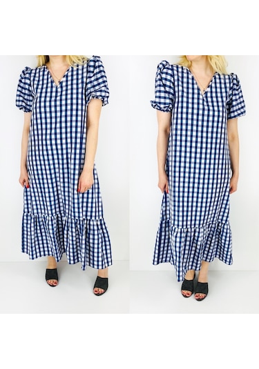 Ekose Desen Volanlı Elbise Mavi