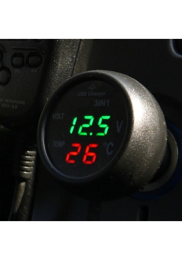 Sones 3'ü 1 Arada Universal Araç Dijital Gerilim Ölçer Sıcaklık Ölçer Usb Şarj Cihazı, Dc12-24v
