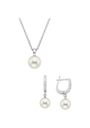 Gümüş Yuvarlak Model Kolye Küpe Inci Set 8 Mm