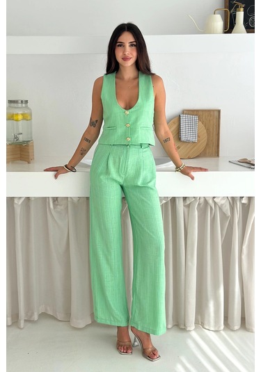 Çizgili Kumaş Yelek Takım Yeşil Yeşil