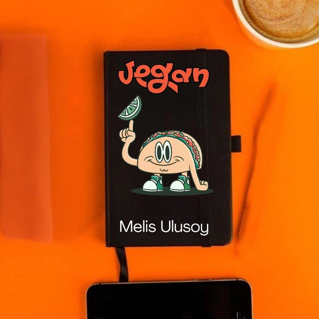 Kişiye Özel Vegan Temalı Deri Kapaklı Not Defteri İsme Özel Tasarım Siyah