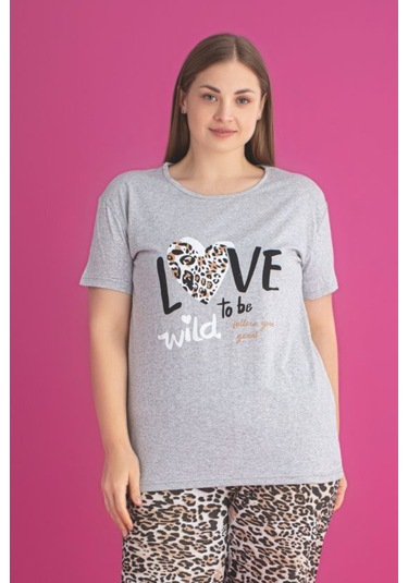 X-dreamy Büyük Beden Pamuklu Leopar Desenli Kısa Kollu Pijama Takımı Leopar