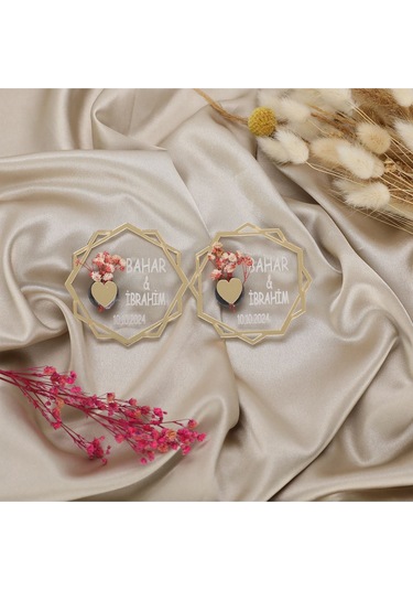 10 Lu Kişiye Özel Akrilik Magnet Nikah Şekeri - Altın Detaylı Çiçekli Tasarım