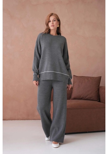 Kadın Bisiklet Yak Adüşük Kol Kazak Fitilli Pantolon İkili Triko Takım Antrasit