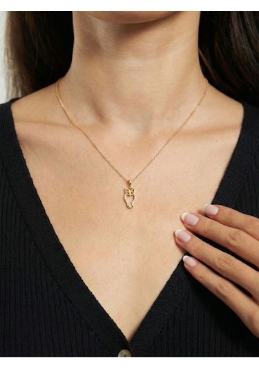 925 Ayar Zirkon Taşlı Gold Minimal Baykuş Gümüş Kolye Rzn10085