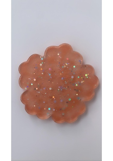 Turuncu Gümüş Glitterli Çiçek Desen Epoksi Bardak Altlığı Turuncu
