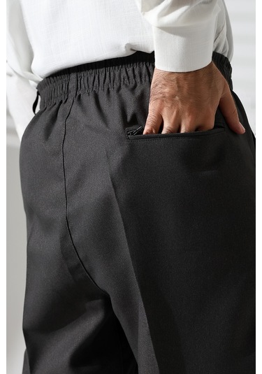 Erkek Beli Lastikli Cepli Hac Ve Umre Kışlık Yün Efektli Şalvar Pantolon - Füme İsr Füme