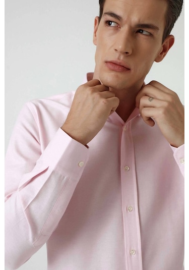 D'S Damat Ds Damat Slim Fit Pembe Armürlü Düğmeli Yaka Pamuklu Gömlek 5HC02ORT07265 Pembe