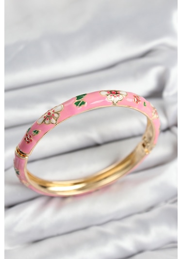 Mineli Pirinç Pembe Çiçek Motifli Gold Kadın Kelepçe 64939130