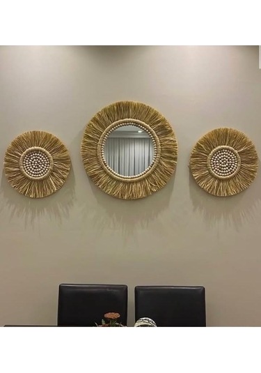 El Yapımı Dekoratif Hasır Ayna Etnik Tarz Bohem Ayna Ahşap