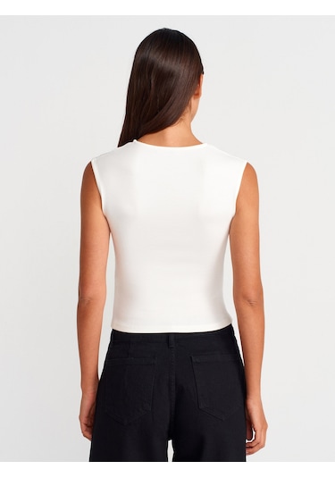 Dilvin 21054 Büzgülü Basic T-shirt-ekru Ekru