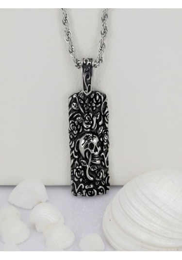 Erkek Güllü Kuru Kafa Çelik Kolye Metalik
