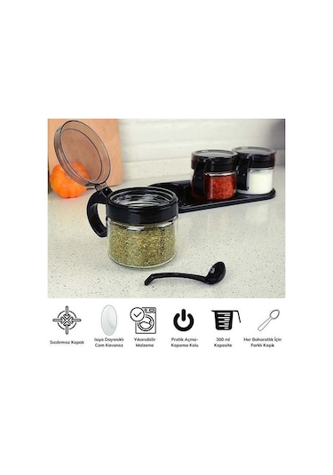 N&m Store Siyah 3lü Standlı Kapaklı Kaşıklı Cam Hava Sızdırmaz Baharatlık Takımı Kc-386 Çok Renkli